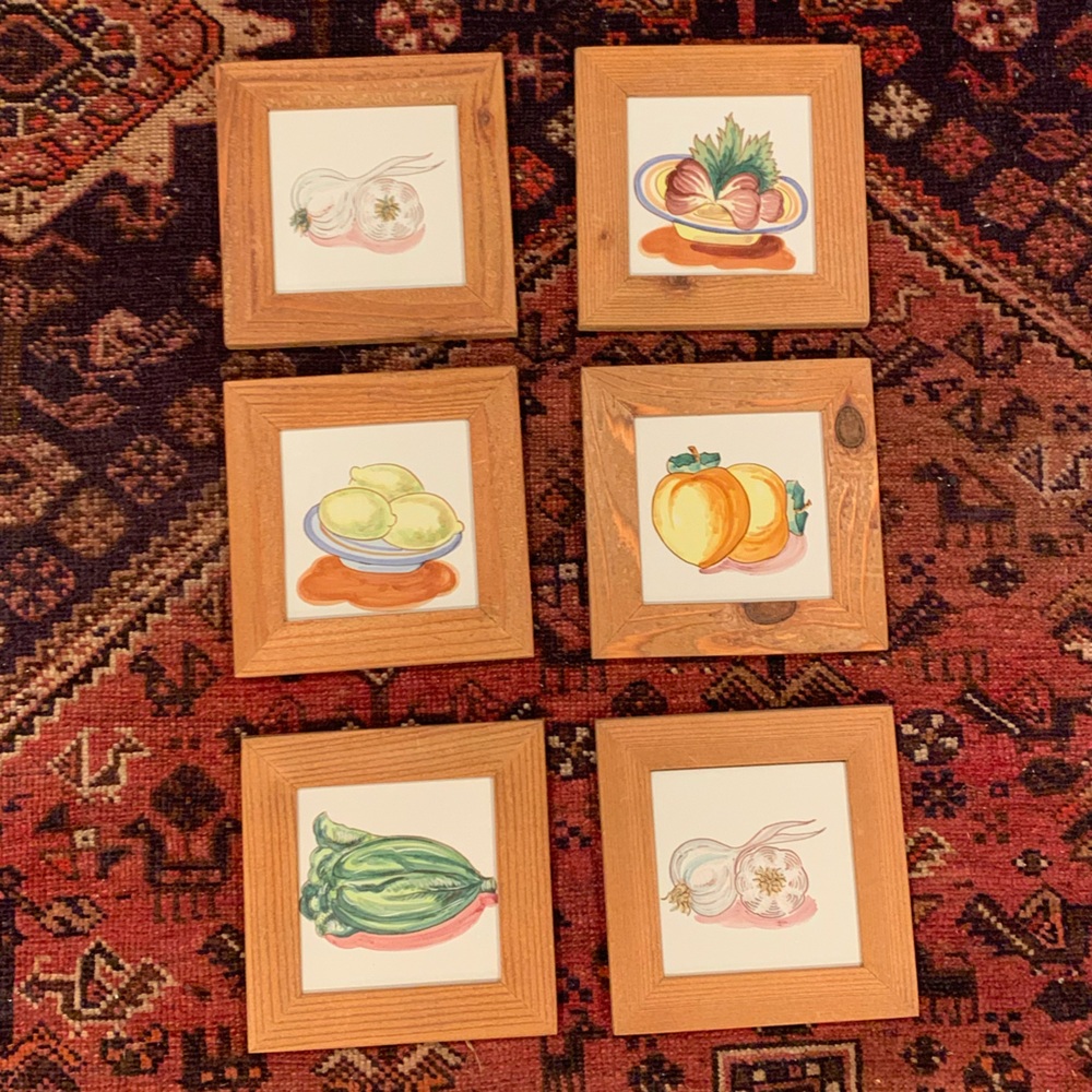 6” x 6” Cedar Frames containing Made in Spain Tiles w Variety of Fruits & Veg